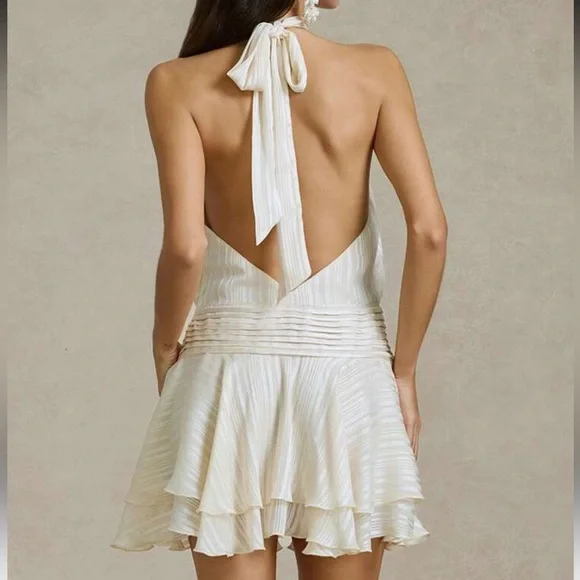 Ruffle hem satin ivory off white mock neck tie open back halter mini dress - Picture 8 of 11